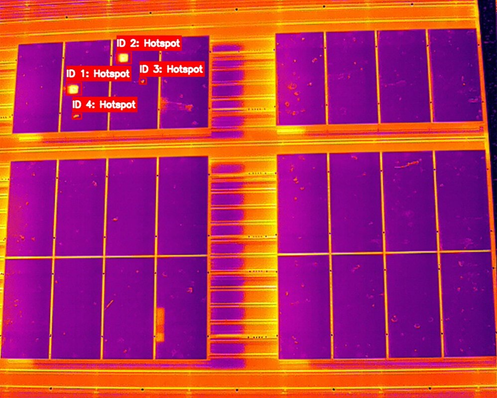 Thermal scan with AI-detected hotspots on a solar panel array